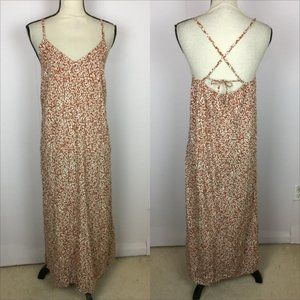 Old Navy Midi Maxi Slip Dress Sz M Womans Brown Print Side Slit Tie-Back V-Neck